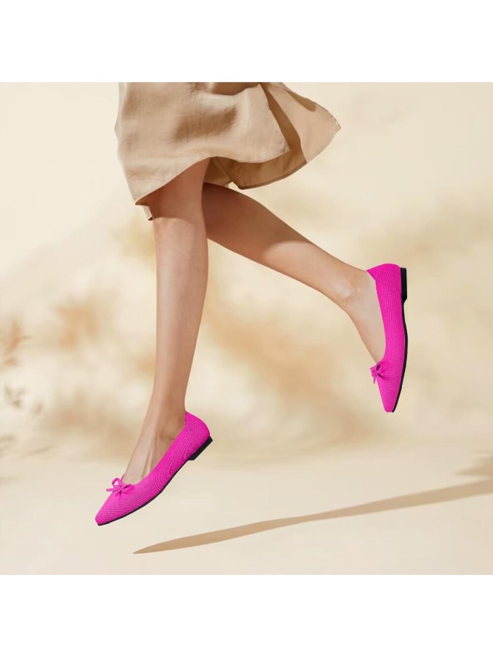 Women's Pink Rubber Knit Pointed Toe Ballet Flats Bow Slip On Comfortable Shoes - Picture 3 of 6